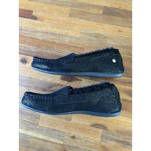 Abeo Leather Slippers Size 8 Black Leather Sparkle Moccasins Sheepskin Lining - Picture 5 of 16